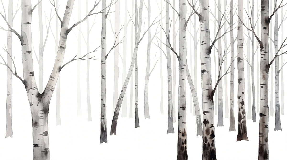 Papier peint panoramique forêt - Bouleaux troncs élancés branches dénudées atmosphère hivernale sur mesure - Design