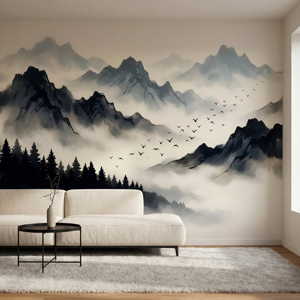 papier peint panoramique foret noir et blanc montagnes brumeuses pins silhouette-1