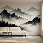 papier peint panoramique foret noir et blanc montagnes brumeuses pins silhouette-1