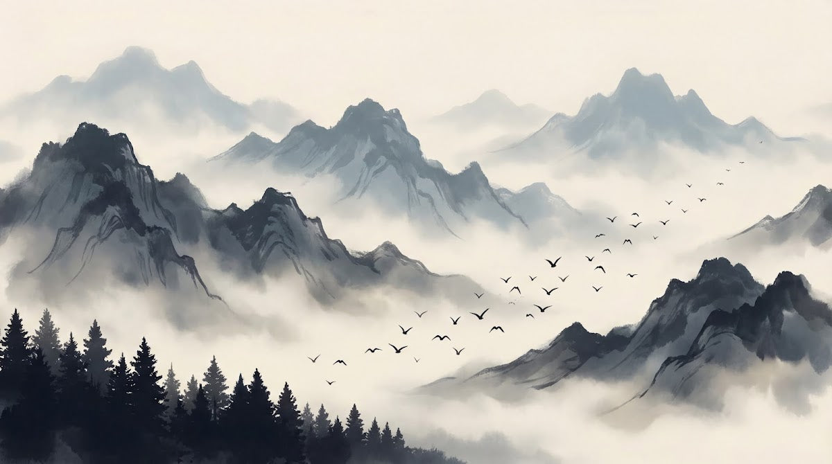 Papier peint panoramique montagne - Montagnes brumeuses pins silhouettes oiseaux migrateurs tons gris anthracite sur mesure - Design
