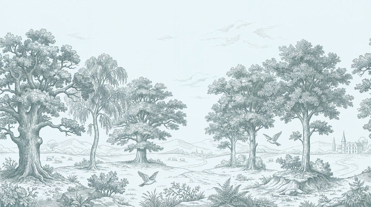 Papier peint panoramique forêt - Paysage pastoral arbres majestueux oiseaux voltigeant église lointaine sur mesure - Design