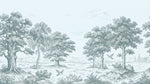 Papier peint panoramique forêt - Paysage pastoral arbres majestueux oiseaux voltigeant église lointaine sur mesure - Design
