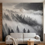 papier peint panoramique foret noir et blanc rayons soleil brume matinale sapins-2