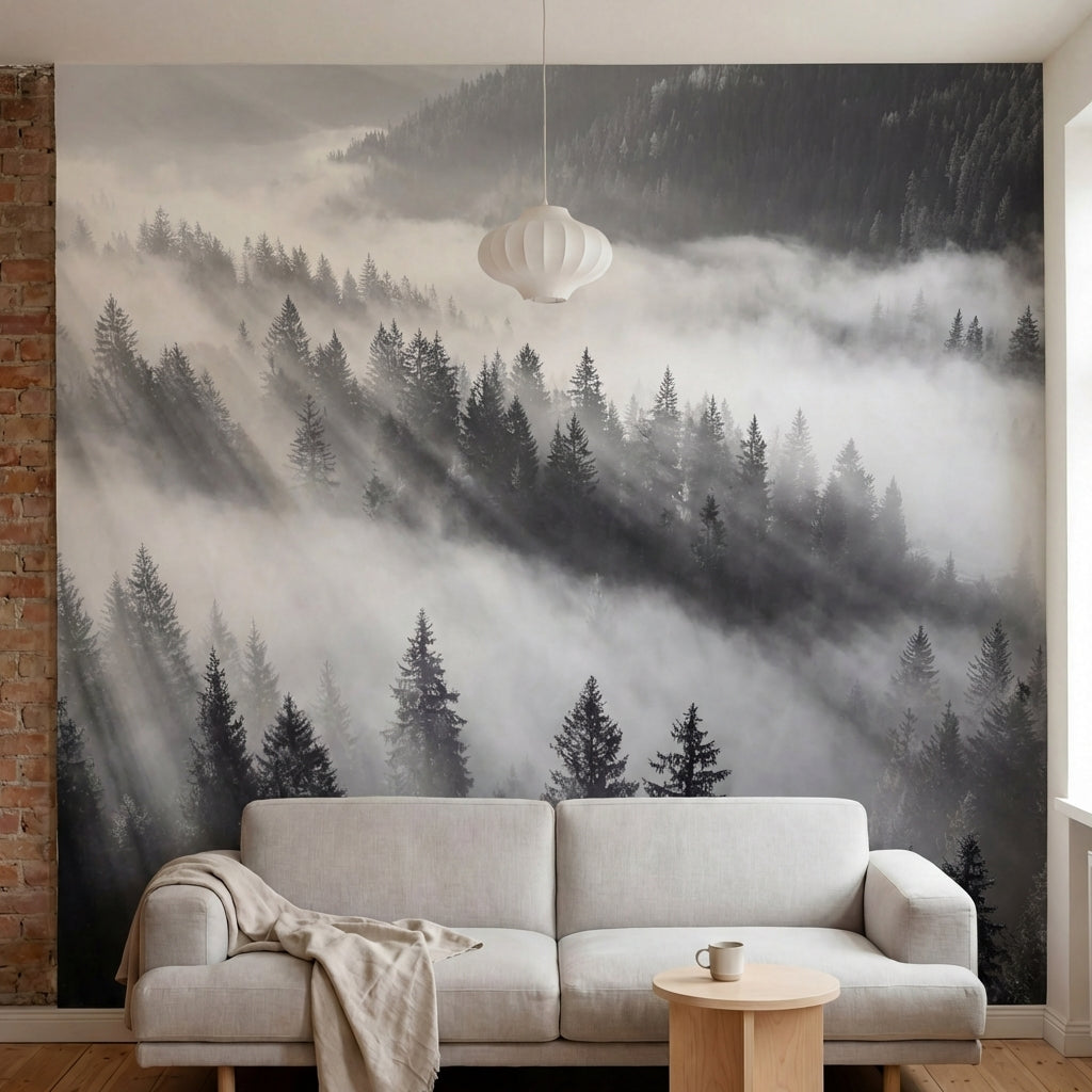papier peint panoramique foret noir et blanc rayons soleil brume matinale sapins-2