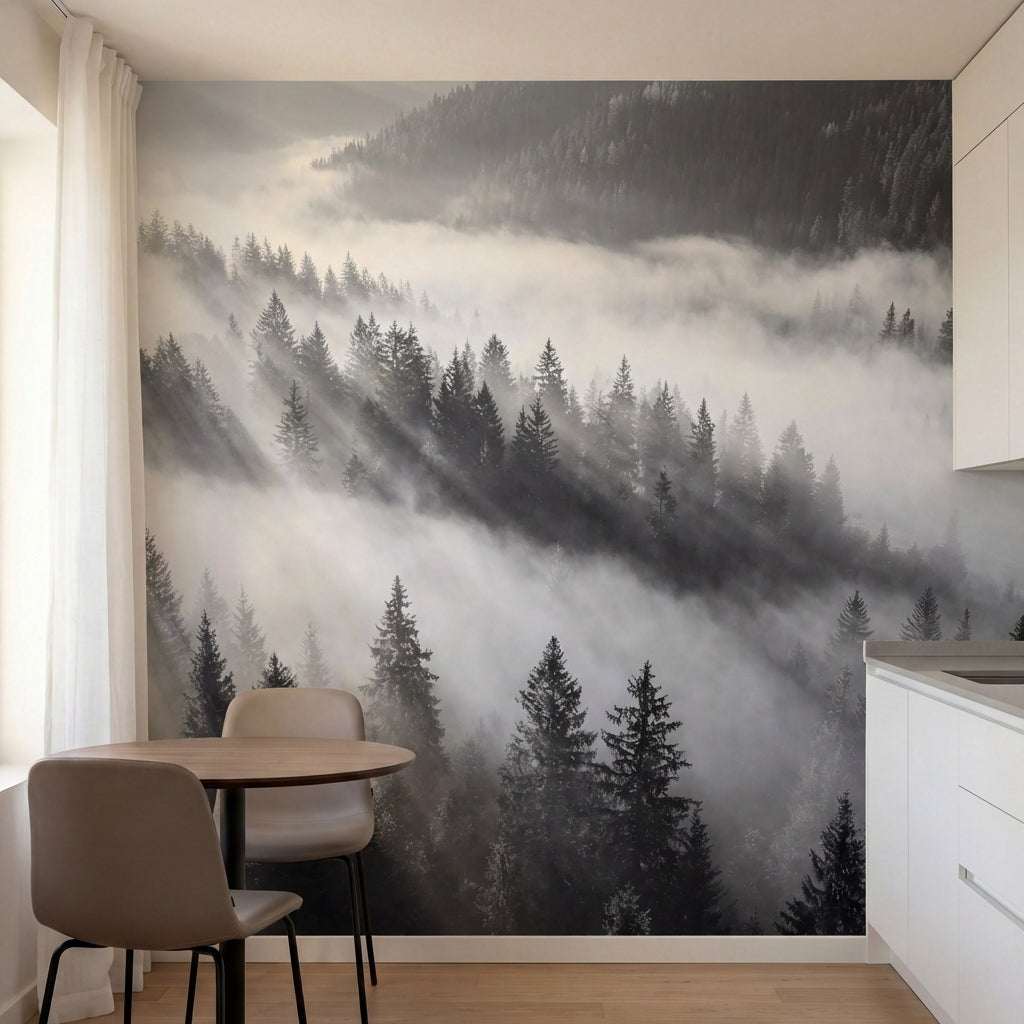 papier peint panoramique foret noir et blanc rayons soleil brume matinale sapins-3