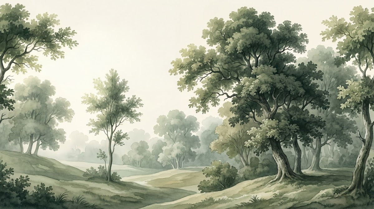 Papier peint panoramique forêt - Paysage bucolique arbres majestueux collines vallonnées tons vert sauge et beige sur mesure - Design