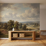 papier peint panoramique foret paysage vallee riviere arbres beige dore et vert -HERO-7