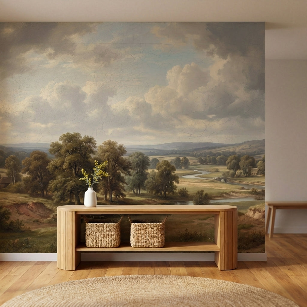 papier peint panoramique foret paysage vallee riviere arbres beige dore et vert -HERO-7