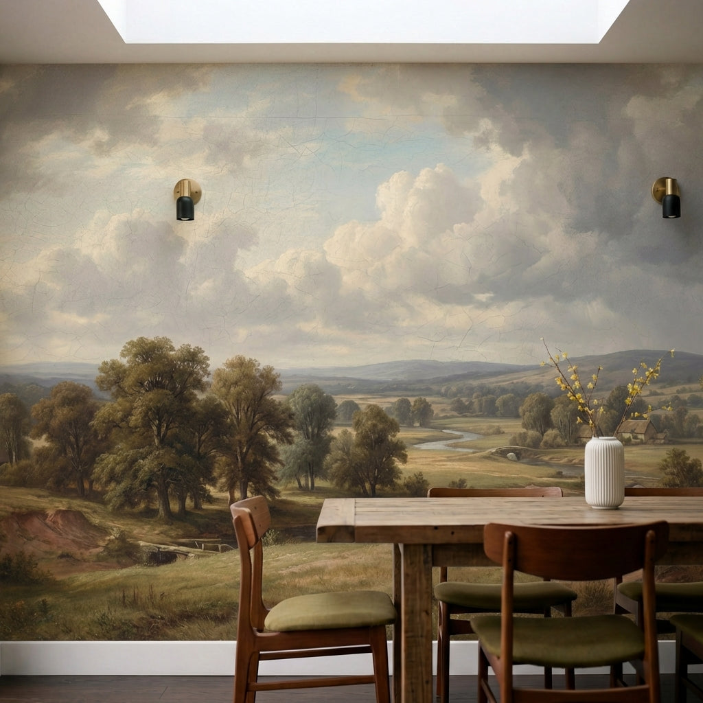 papier peint panoramique foret paysage vallee riviere arbres beige dore et vert -HERO-8