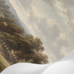 Papier peint panoramique forêt - Paysage vallée rivière arbres beige doré et vert olive sur mesure - Matière