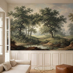 papier peint panoramique foret paysage vallonne arbres majestueux riviere sinueu-1