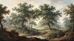Papier peint panoramique forêt - Paysage vallonné arbres majestueux rivière sinueuse tons vert sauge et beige sur mesure - Design