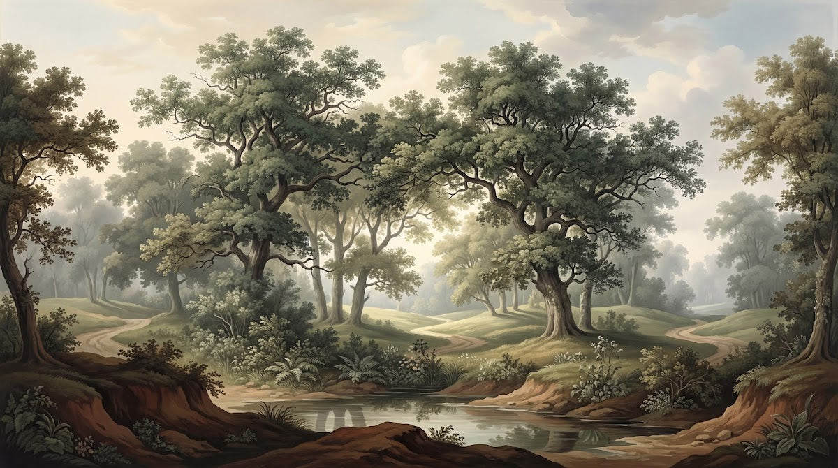 Papier peint panoramique forêt - Paysage vallonné arbres majestueux rivière sinueuse tons vert sauge et beige sur mesure - Design