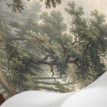 Papier peint panoramique forêt - Paysage vallonné arbres majestueux rivière sinueuse tons vert sauge et beige sur mesure - Matière