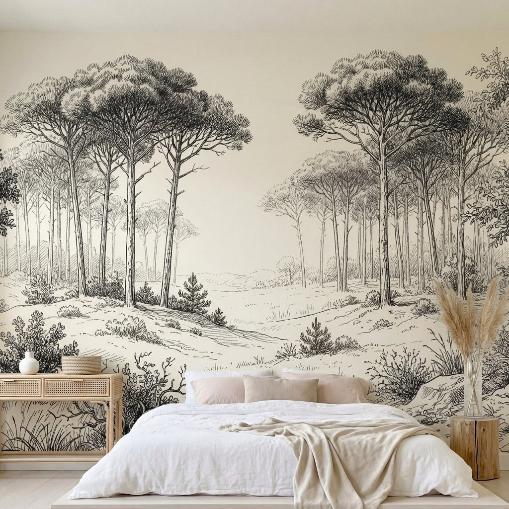 papier peint panoramique foret pins clairiere chemin forestier gravure botanique-1