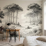 papier peint panoramique foret pins clairiere chemin forestier gravure botanique-HERO-12