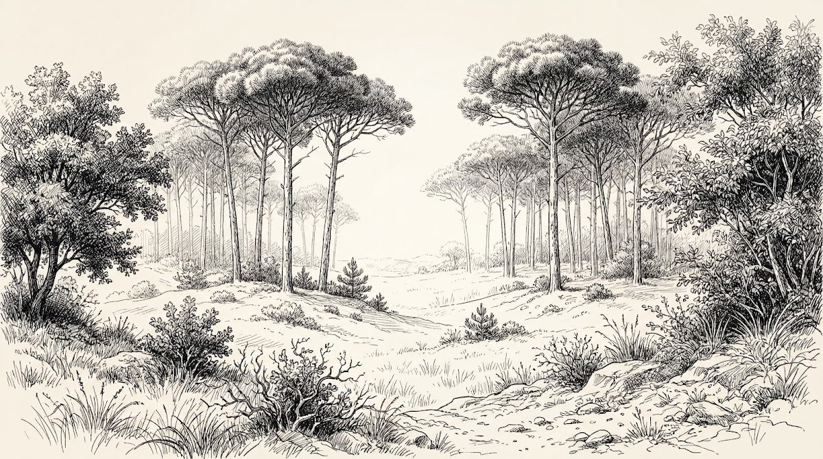 Papier peint panoramique forêt - Pins clairière chemin forestier gravure botanique noir et blanc sur beige sur mesure - Design