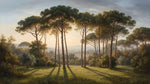 Papier peint panoramique forêt - Pins parasol clairière lumineuse tons vert sauge doré et beige sur mesure - Design