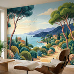 papier peint panoramique foret pins parasol maisons cotieres baie mediterraneenn-1