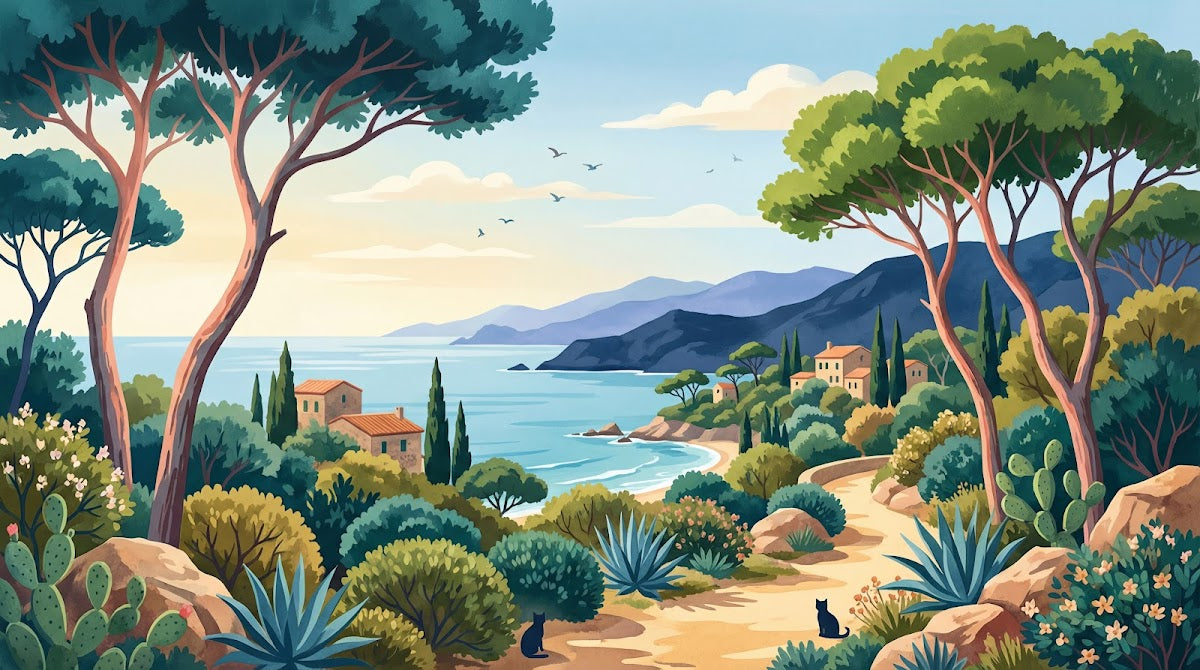 Papier peint panoramique forêt - Pins parasol maisons côtières baie méditerranéenne tons vert sauge et bleu sur mesure - Design