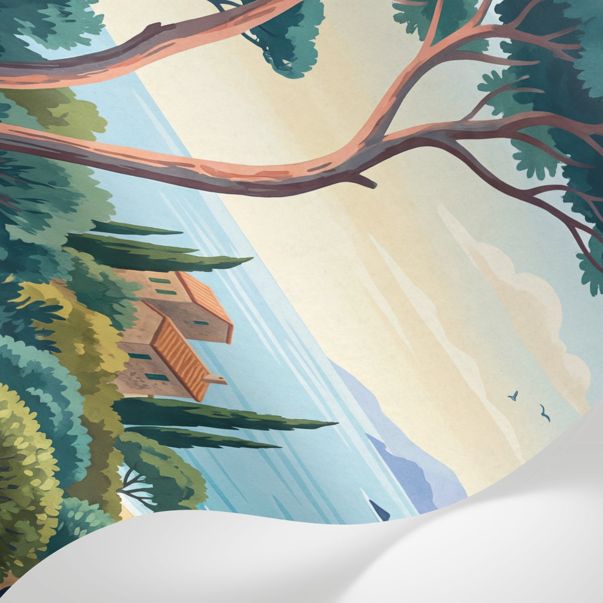 Papier peint panoramique forêt - Pins parasol maisons côtières baie méditerranéenne tons vert sauge et bleu sur mesure - Matière