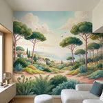 papier peint panoramique foret pins parasol maisons mediterraneennes faune chemi-1