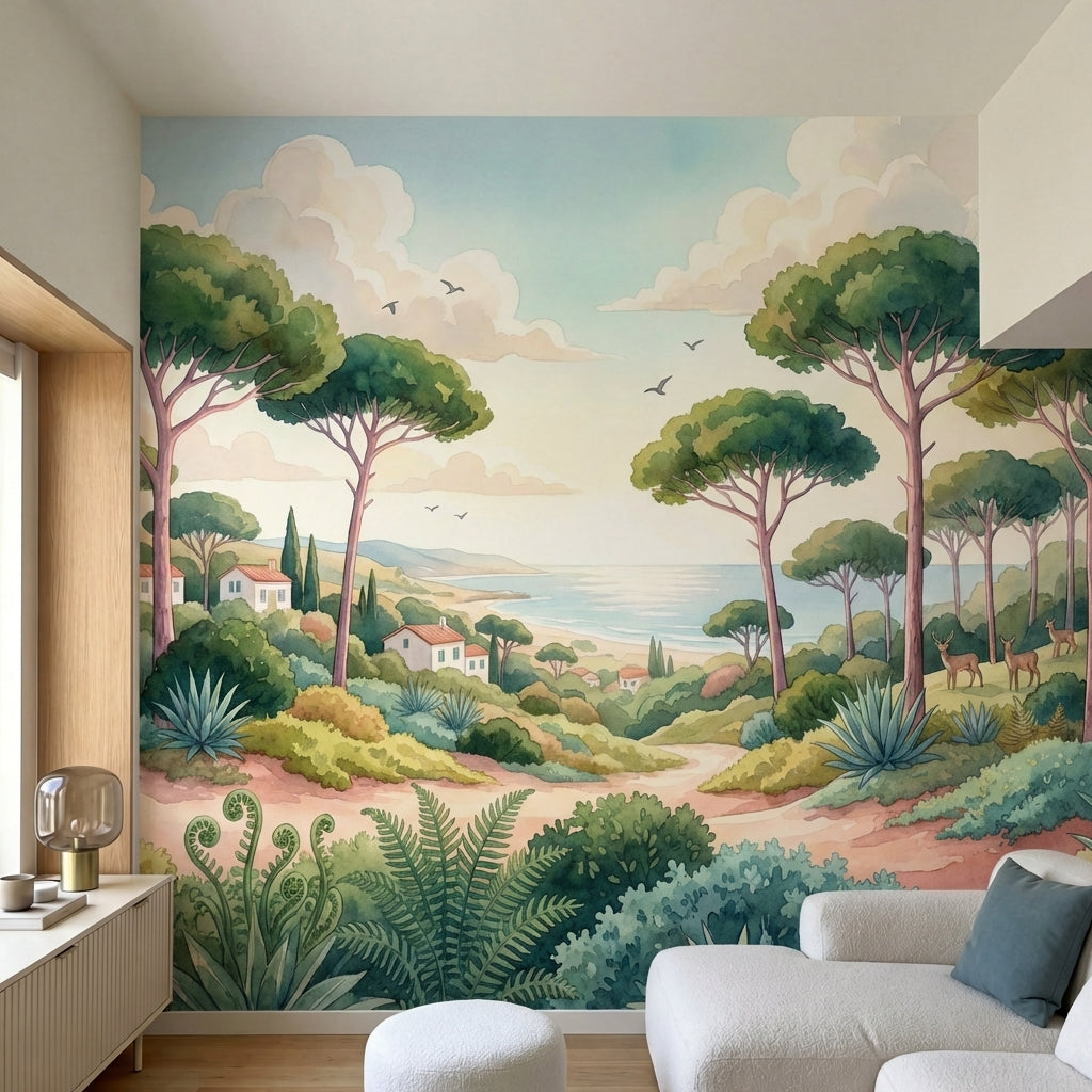 papier peint panoramique foret pins parasol maisons mediterraneennes faune chemi-1
