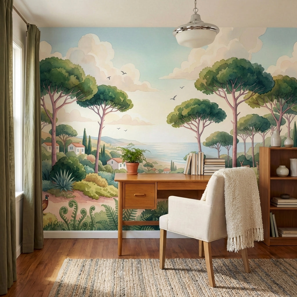 papier peint panoramique foret pins parasol maisons mediterraneennes faune chemi-6