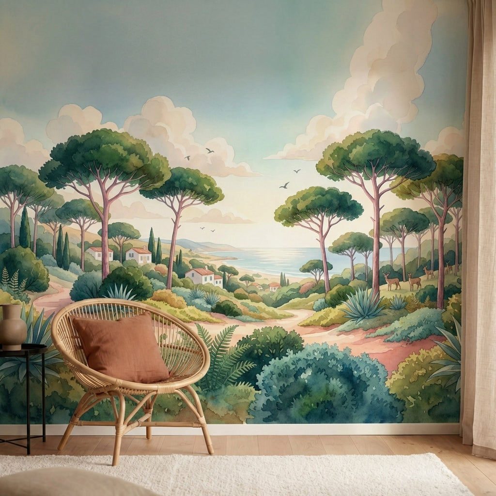 papier peint panoramique foret pins parasol maisons mediterraneennes faune chemi-HERO-10