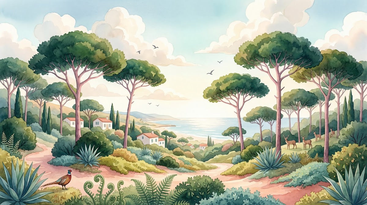 Papier peint panoramique forêt - Pins parasol maisons méditerranéennes faune chemin sableux tons vert sauge et beige sur mesure - Design