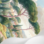 Papier peint panoramique forêt - Pins parasol maisons méditerranéennes faune chemin sableux tons vert sauge et beige sur mesure - Matière