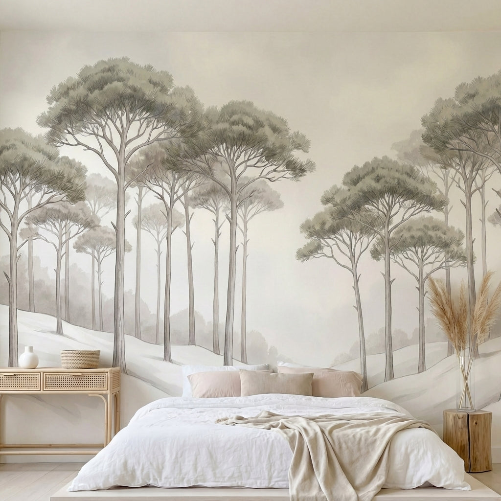 papier peint panoramique foret pins parasol vallee enneigee paysage hivernal ton-1