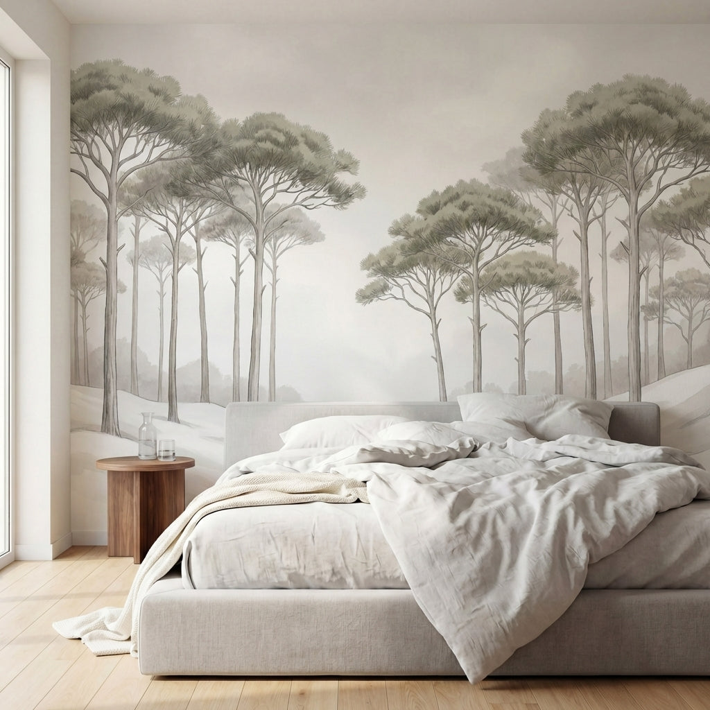 papier peint panoramique foret pins parasol vallee enneigee paysage hivernal ton-1