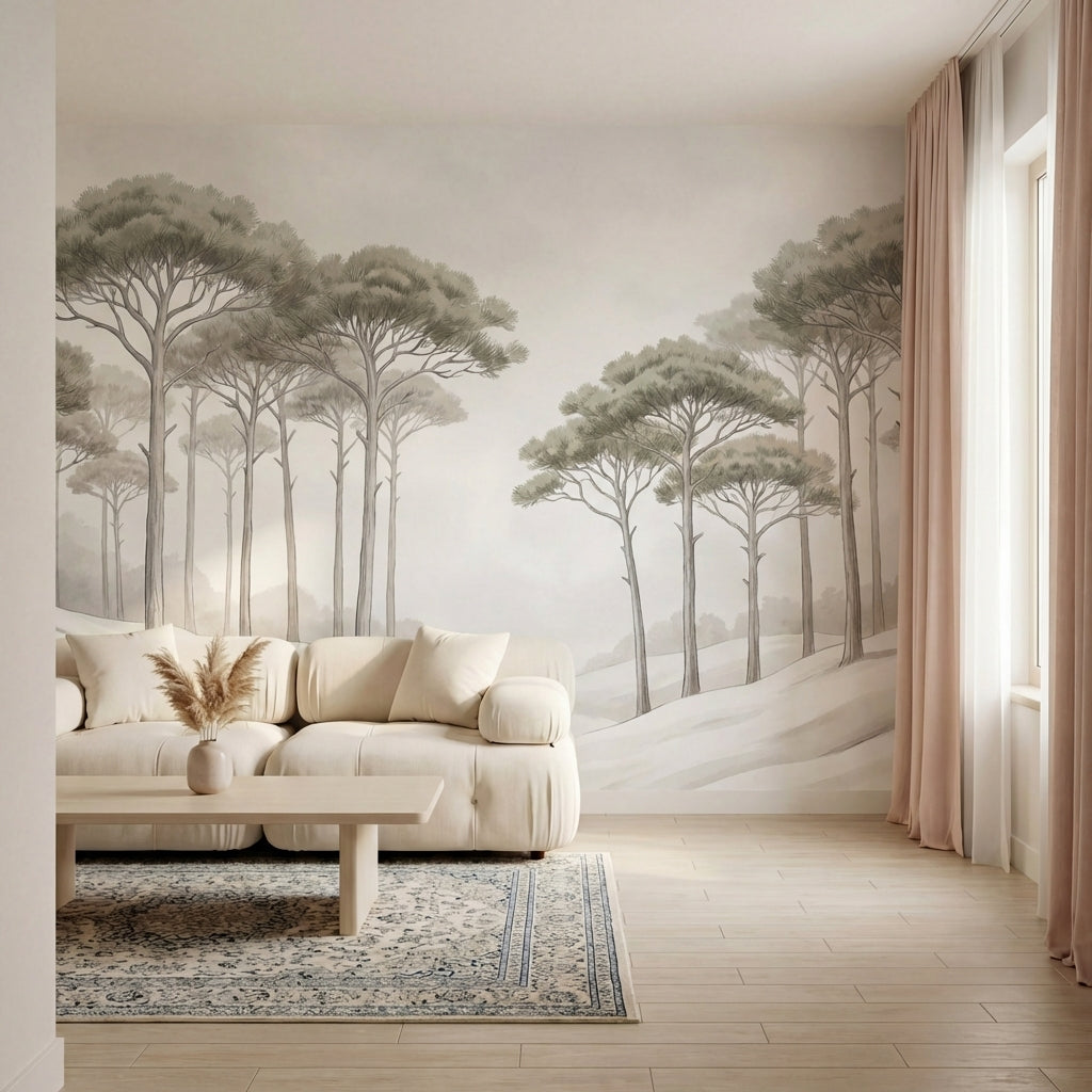 papier peint panoramique foret pins parasol vallee enneigee paysage hivernal ton-6