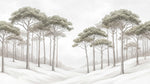 Papier peint panoramique forêt - Pins parasol vallée enneigée paysage hivernal tons beige crème et gris taupe sur mesure - Design
