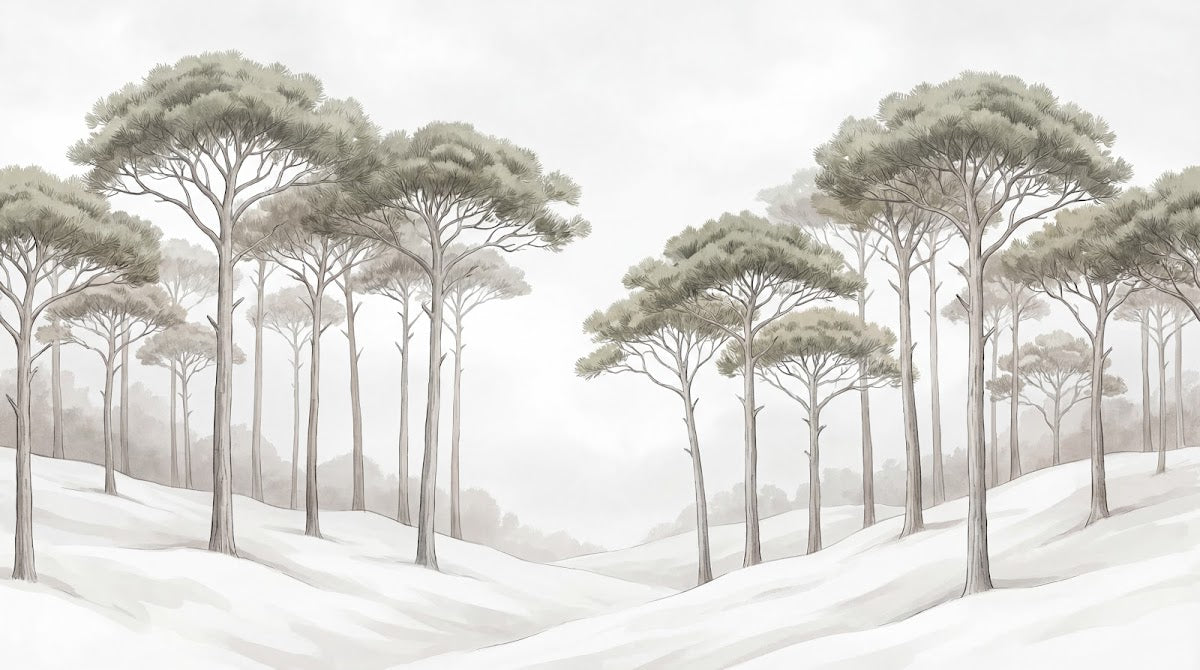 Papier peint panoramique forêt - Pins parasol vallée enneigée paysage hivernal tons beige crème et gris taupe sur mesure - Design