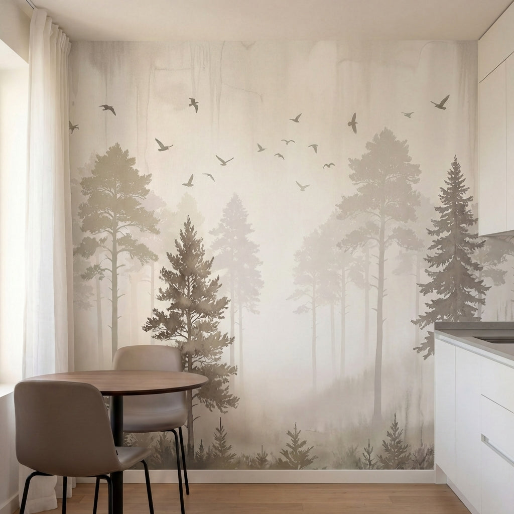 papier peint panoramique foret pins sapins silhouettes brume matinale oiseaux to-1