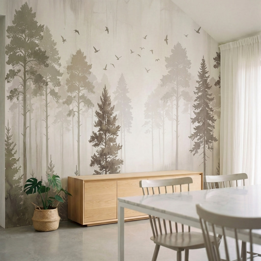 papier peint panoramique foret pins sapins silhouettes brume matinale oiseaux to-2