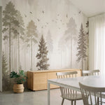 papier peint panoramique foret pins sapins silhouettes brume matinale oiseaux to-2