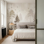 papier peint panoramique foret pins sapins silhouettes brume matinale oiseaux to-6
