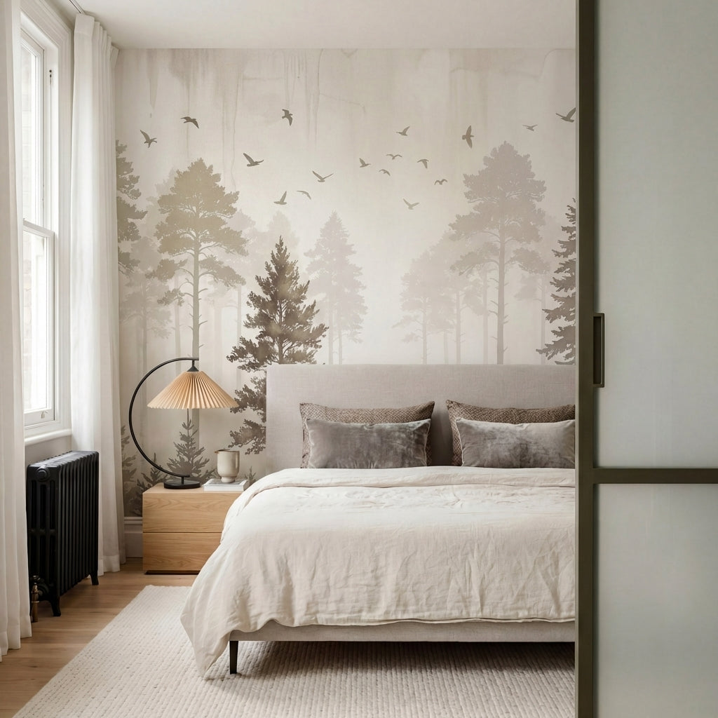 papier peint panoramique foret pins sapins silhouettes brume matinale oiseaux to-6