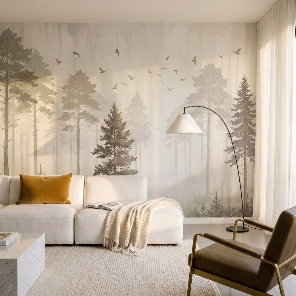 papier peint panoramique foret pins sapins silhouettes brume matinale oiseaux to-7