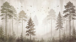 Papier peint panoramique forêt - Pins sapins silhouettes brume matinale oiseaux tons beige crème et gris sur mesure - Design