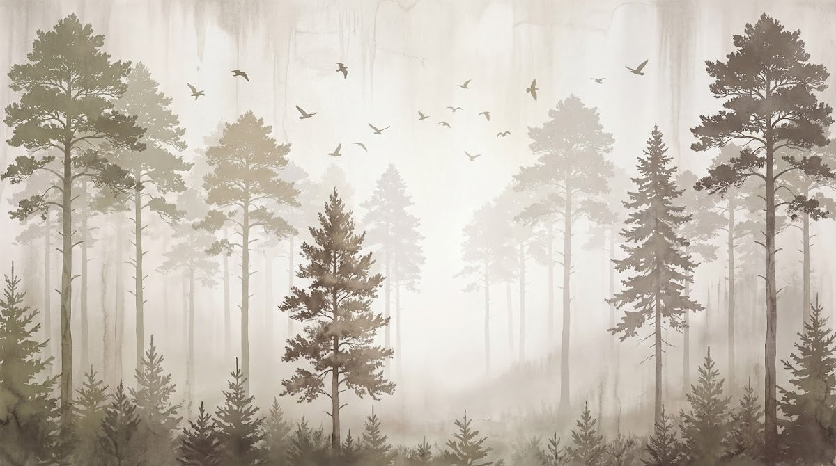 Papier peint panoramique forêt - Pins sapins silhouettes brume matinale oiseaux tons beige crème et gris sur mesure - Design