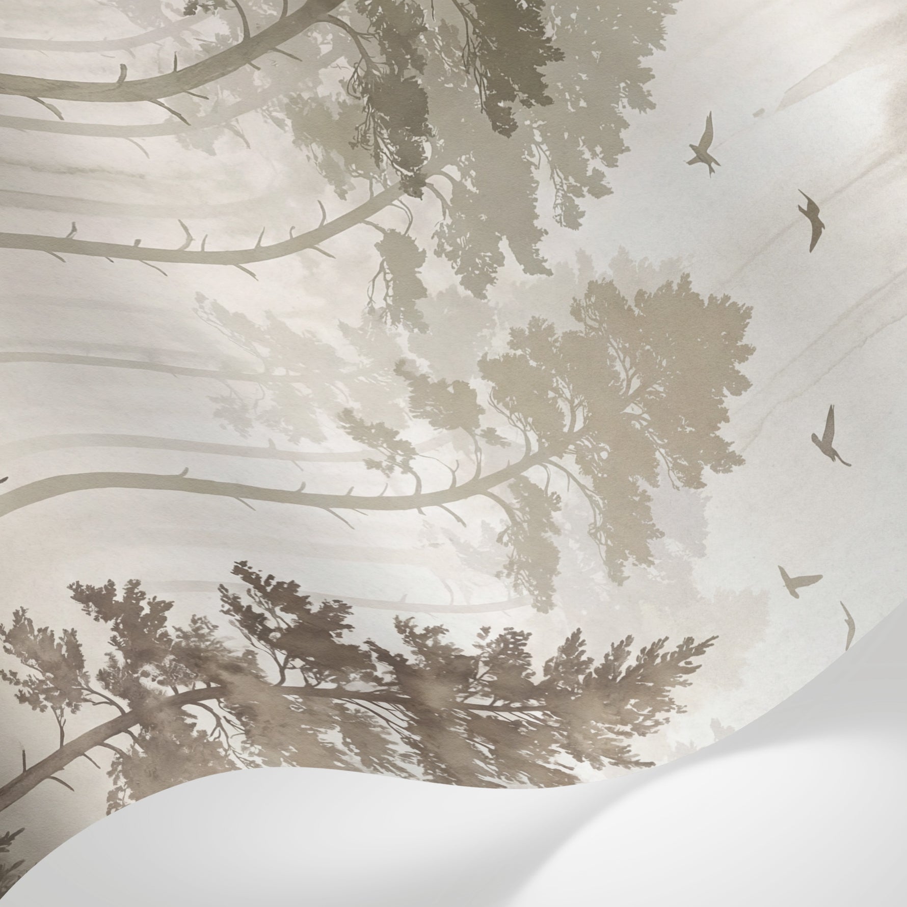 Papier peint panoramique forêt - Pins sapins silhouettes brume matinale oiseaux tons beige crème et gris sur mesure - Matière