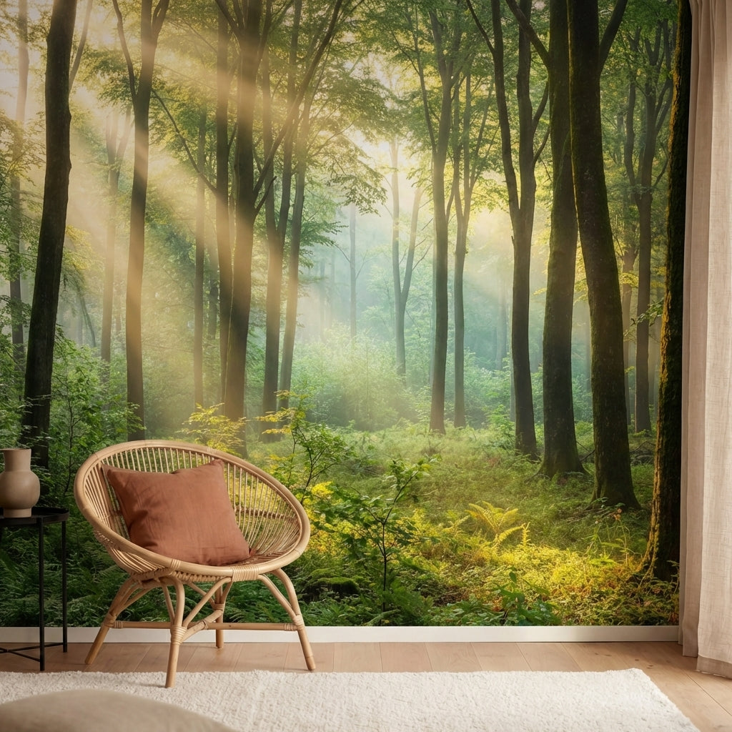 papier peint panoramique foret rayons dores matinaux brume mystique fougeres sau-1