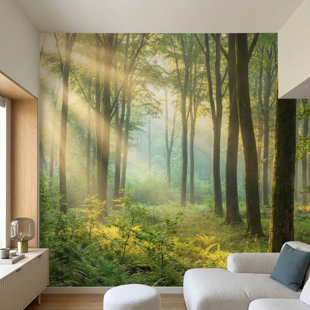 papier peint panoramique foret rayons dores matinaux brume mystique fougeres sau-1