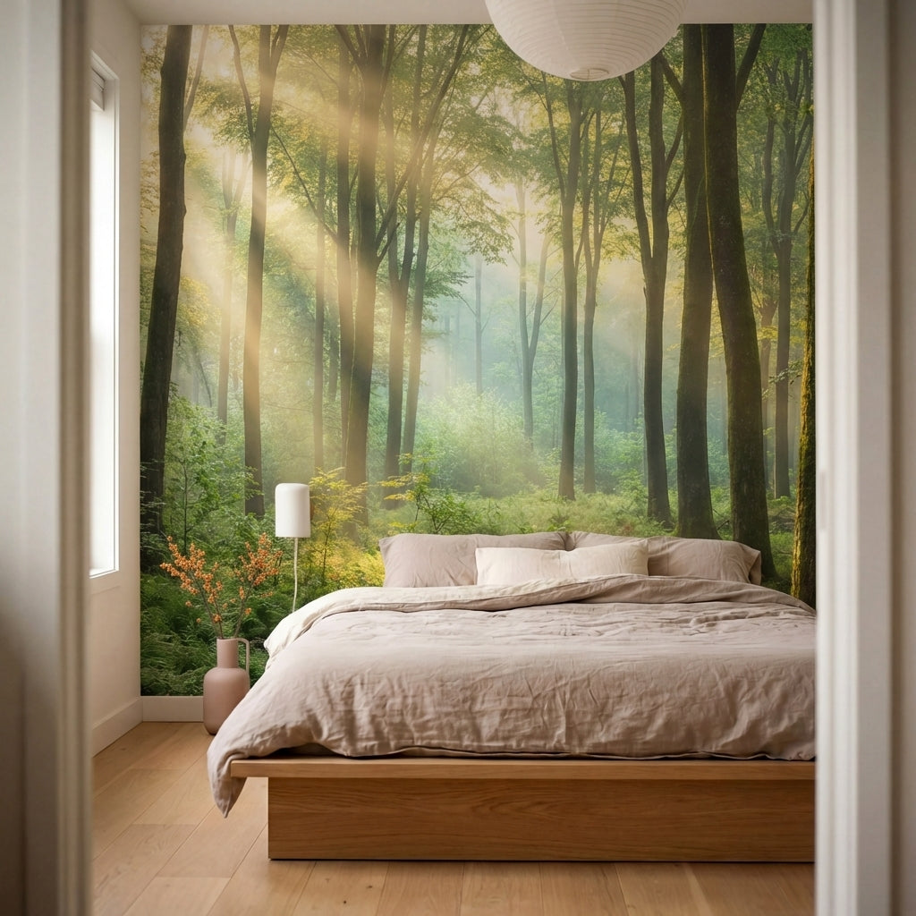 papier peint panoramique foret rayons dores matinaux brume mystique fougeres sau-6