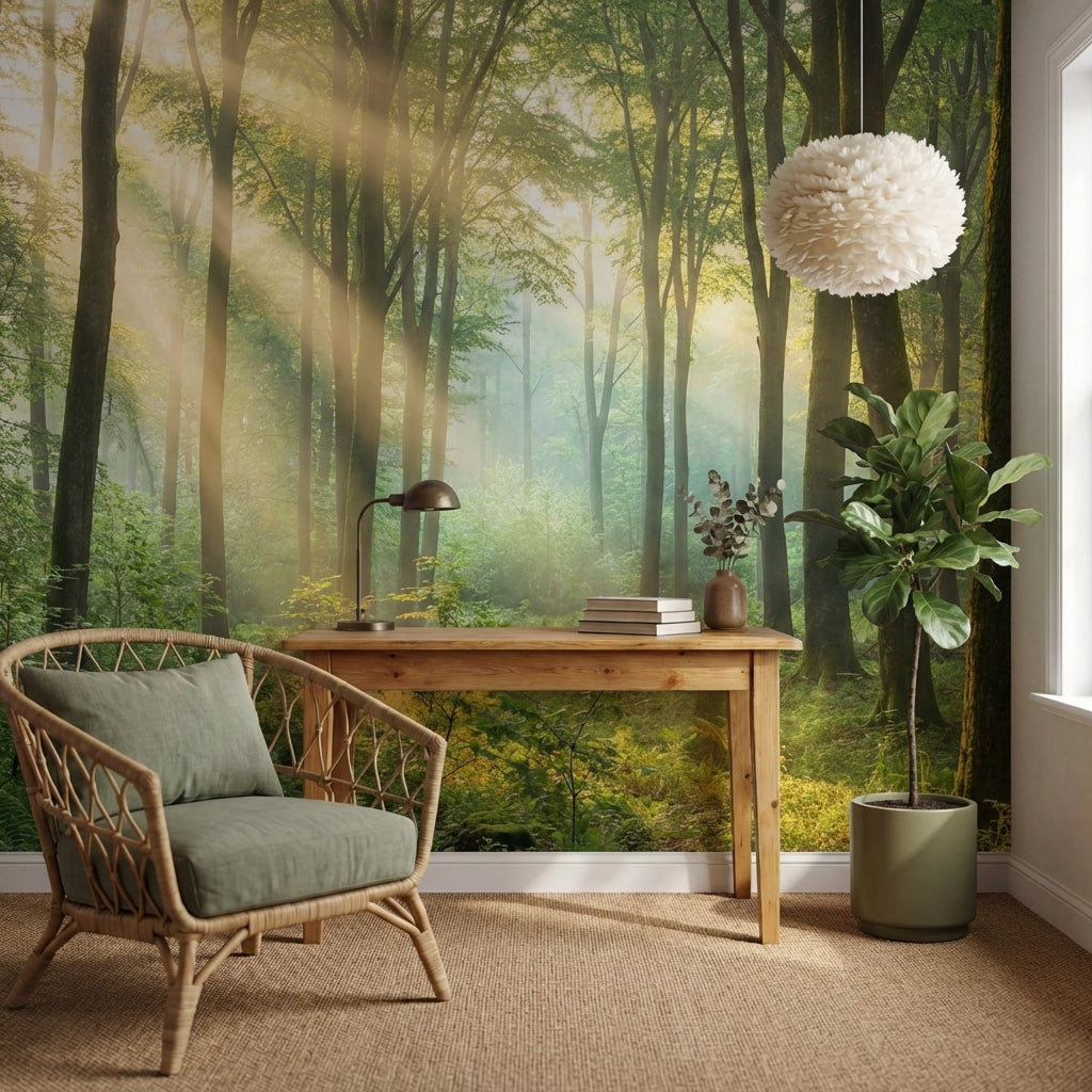 papier peint panoramique foret rayons dores matinaux brume mystique fougeres sau-7