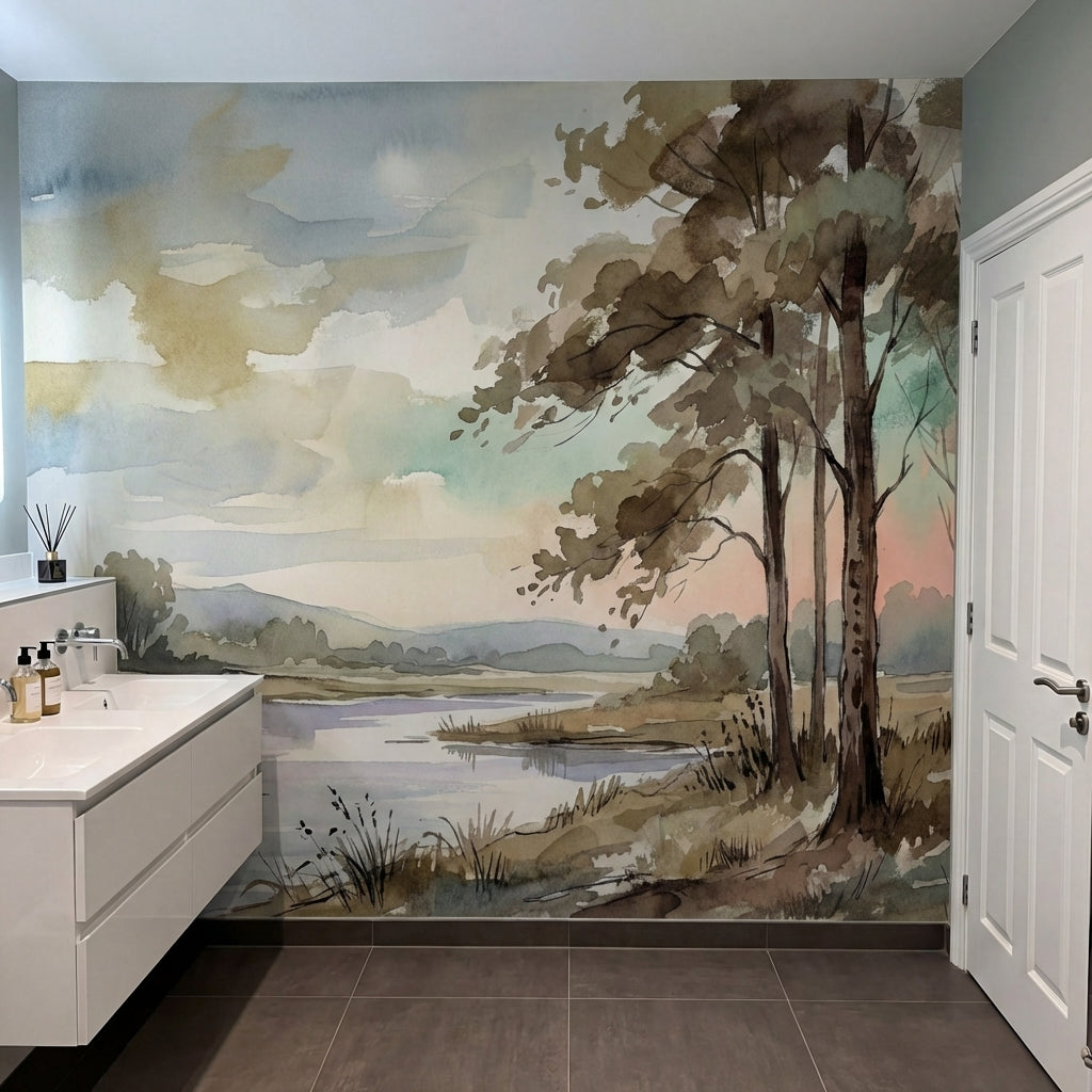 papier peint panoramique foret riviere arbres feuillus paysage champetre tons be-6